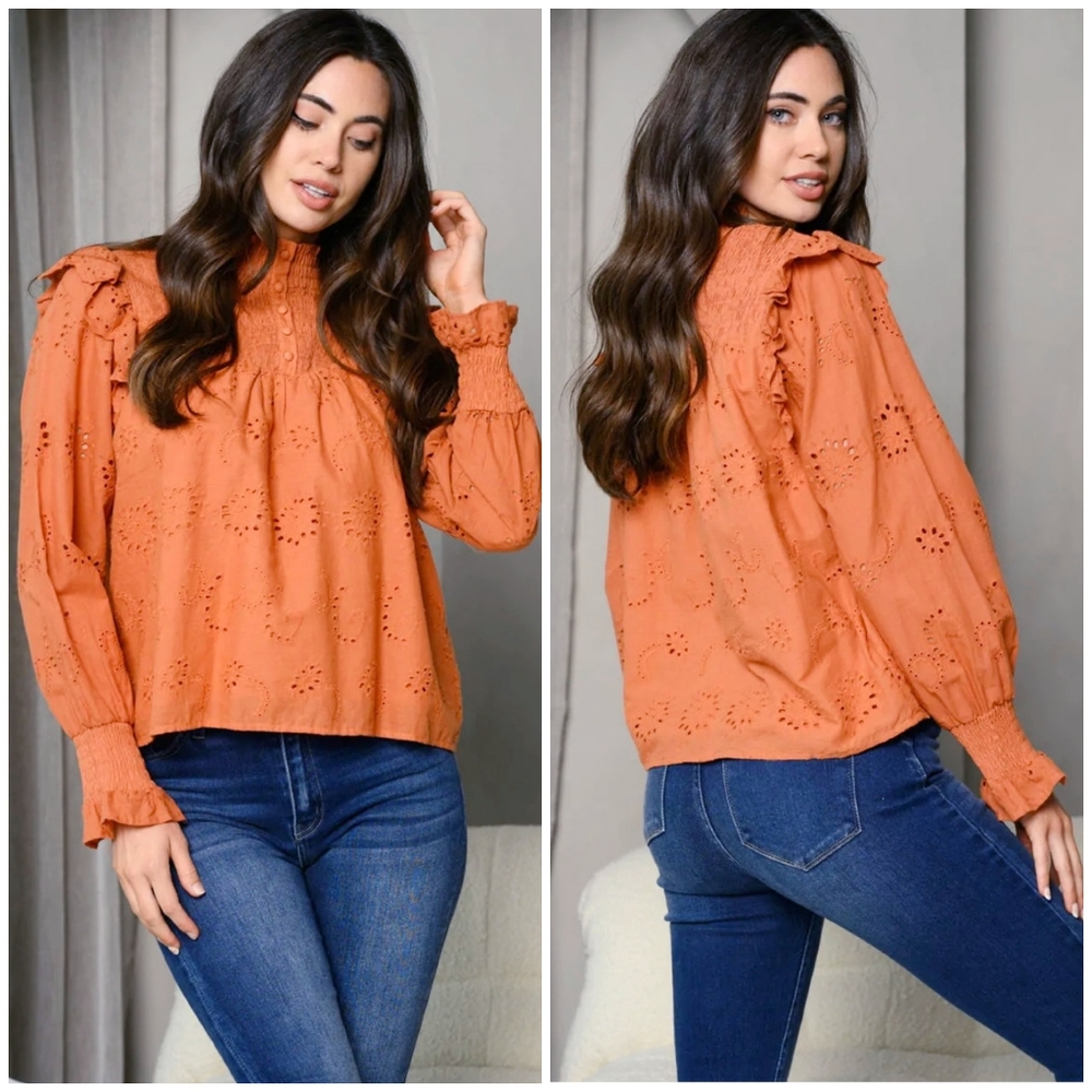 FEW LEFT❗️On Twelfth Boho Chic Spicy Rust Eyelet Embroidery Long Sleeves Top - Picture 6 of 6